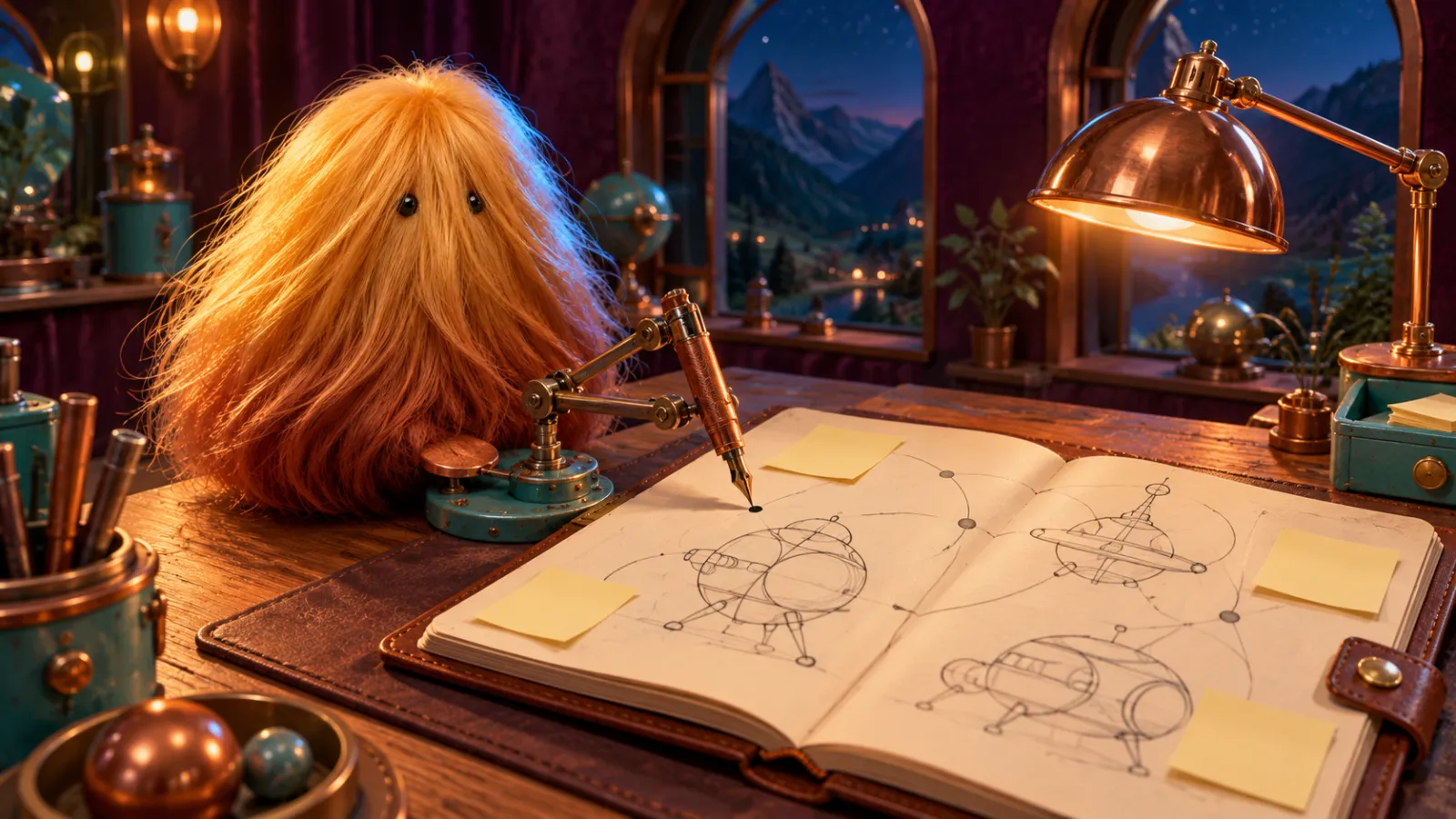 Zeste dessine des plans dans un carnet, à son bureau